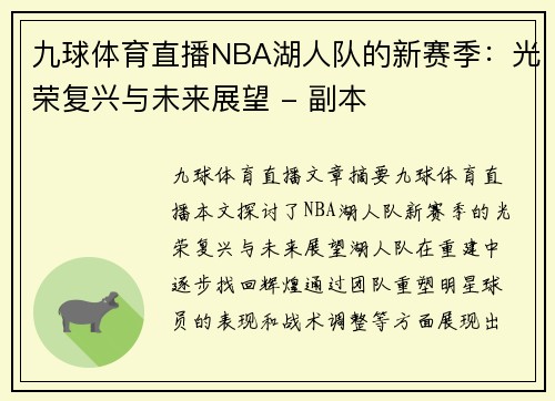 九球体育直播NBA湖人队的新赛季：光荣复兴与未来展望 - 副本