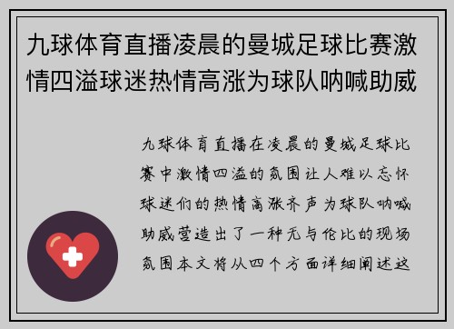 九球体育直播凌晨的曼城足球比赛激情四溢球迷热情高涨为球队呐喊助威