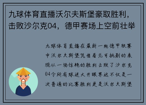 九球体育直播沃尔夫斯堡豪取胜利，击败沙尔克04，德甲赛场上空前壮举！